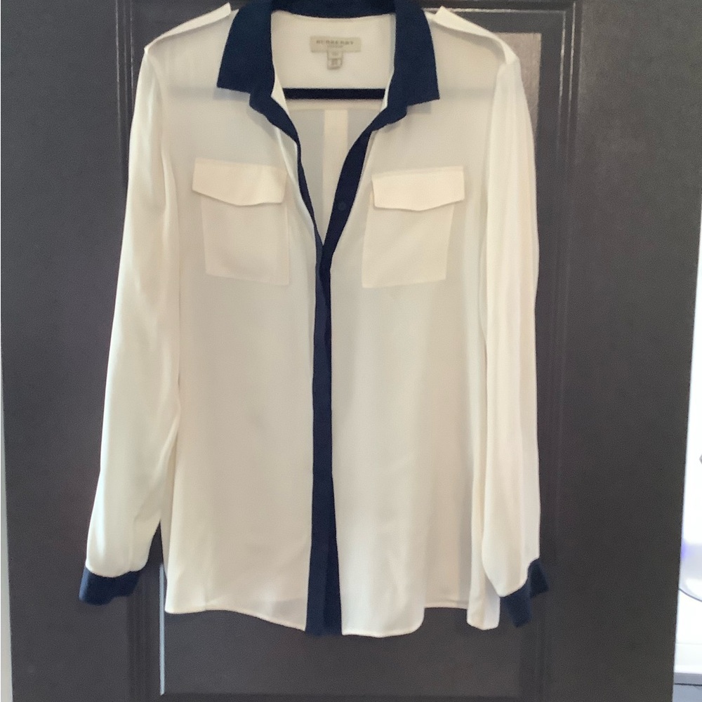 Burberry Classic White and Navy Silk Blouse